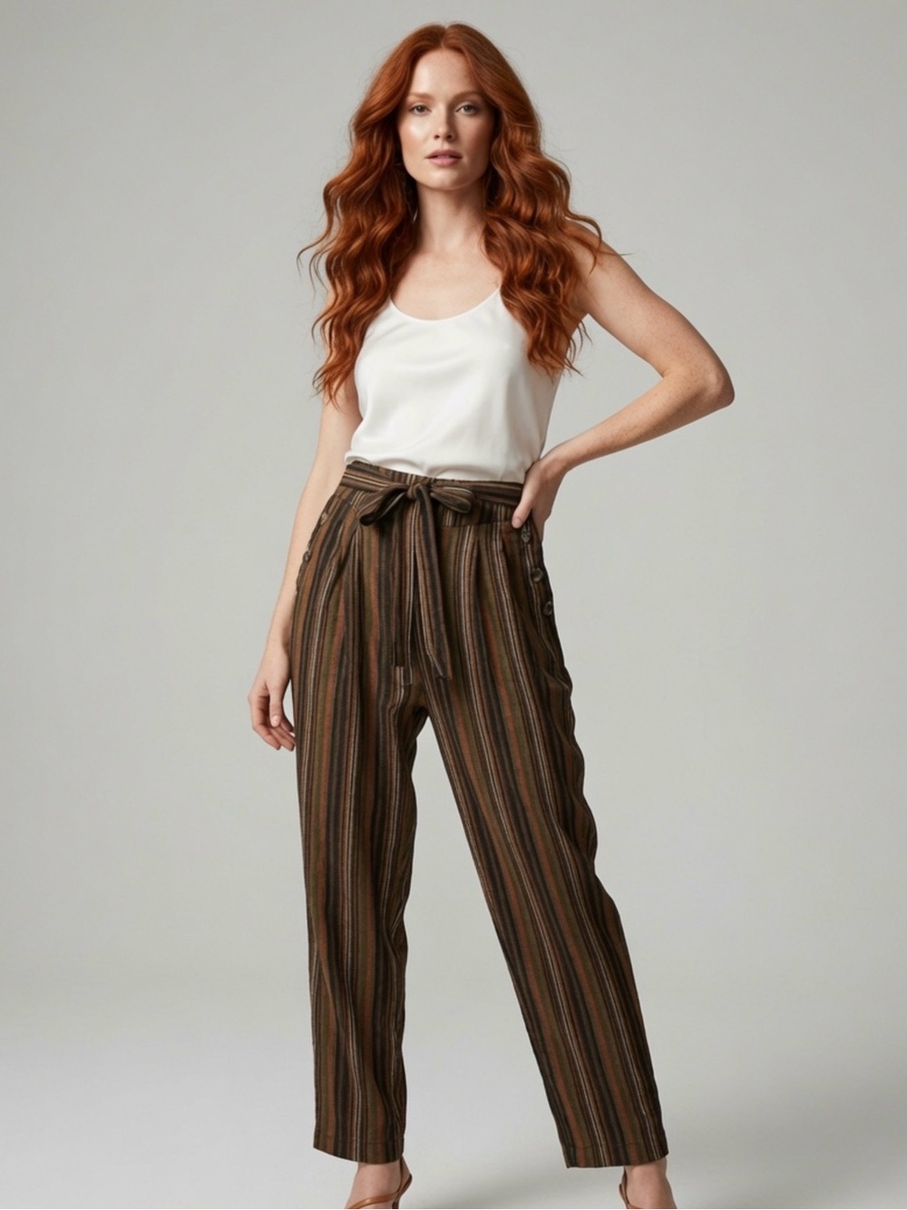 E&M Stipe Tied Waist Cotton Pants - Brown and Green Size Large